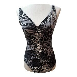 Aqua Green One Piece V Neck Ruched Animal Print Black‎ Gray Women's Small